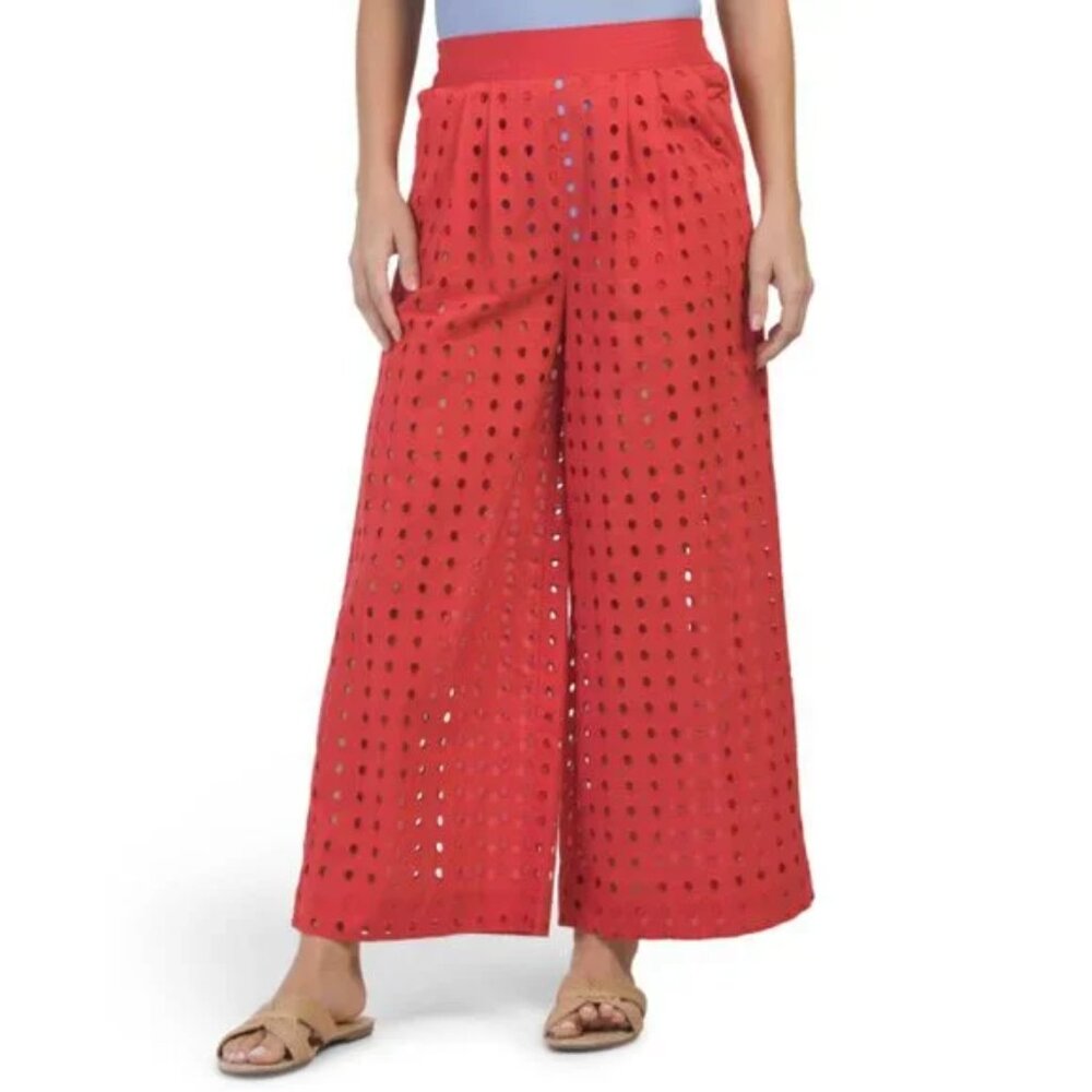 NEW TRUE DESTINATION Cotton Eyelet Cover-Up Pants red for women 267tn - Picture 5 of 8